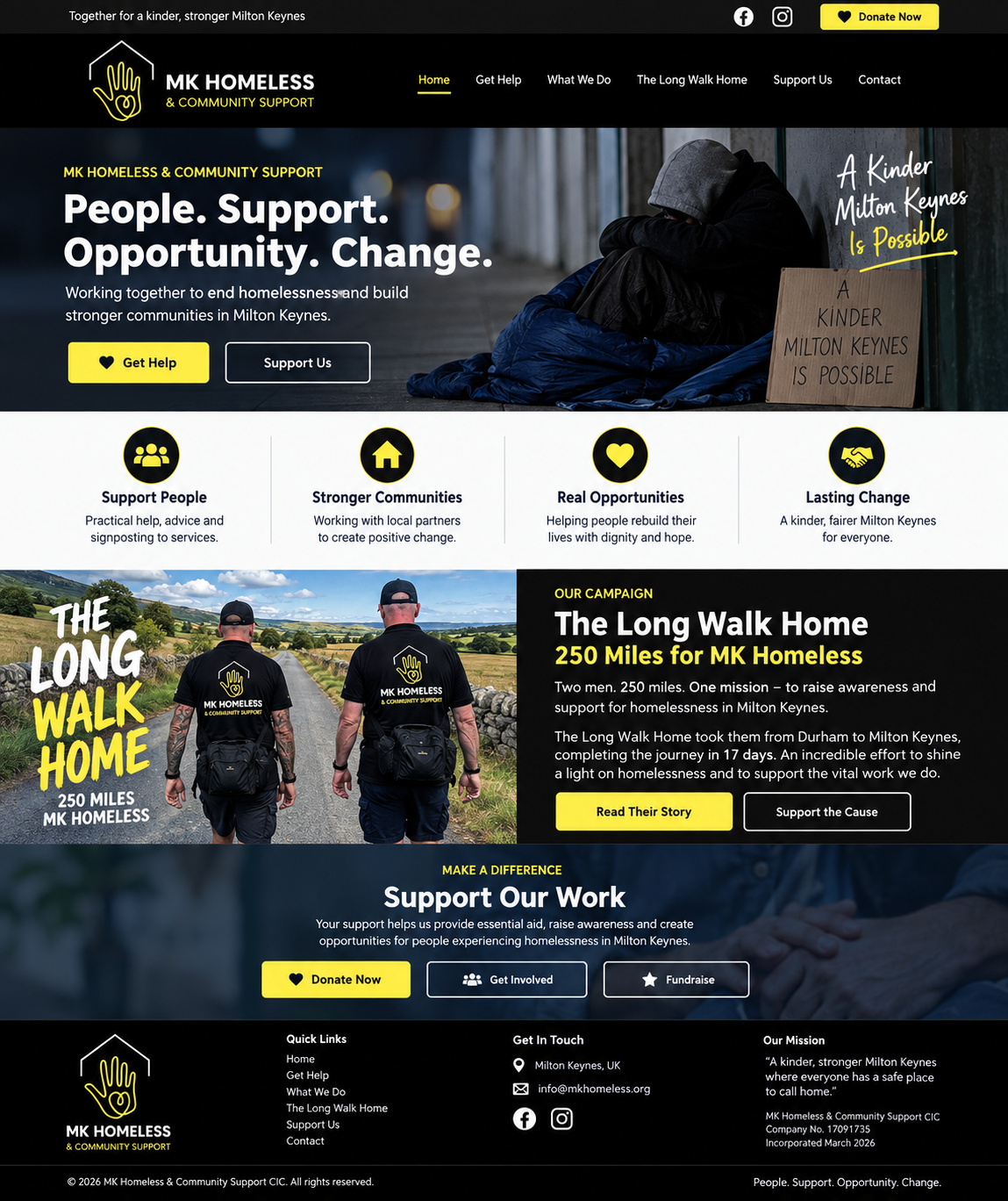 MK Homeless and Community Support visual showing support themes and The Long Walk Home campaign