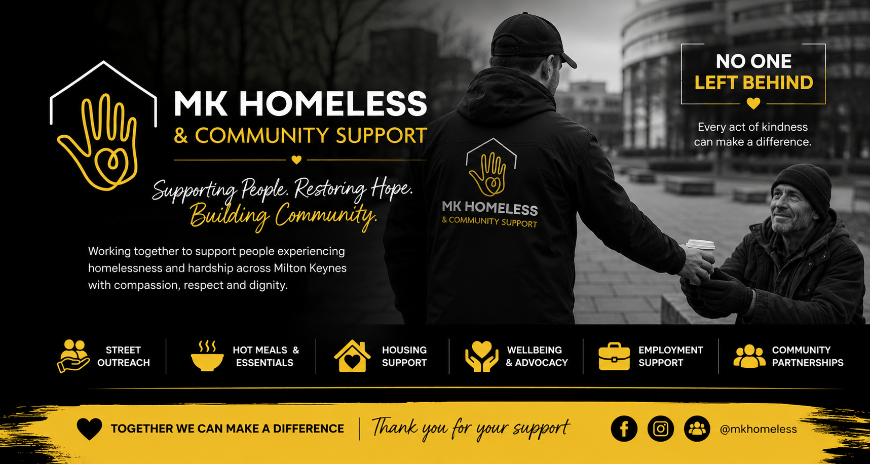 MK Homeless and Community Support awareness artwork: Supporting People, Restoring Hope, Building Community